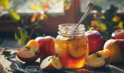 Jar of apple jam on a rustic wooden table AI generated