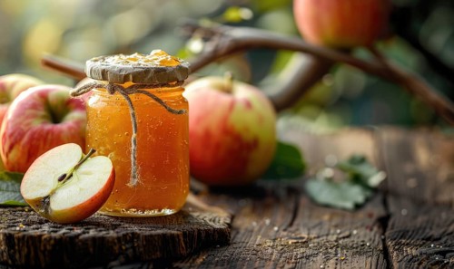 Jar of apple jam on a rustic wooden table AI generated