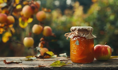 Jar of apple jam on a rustic wooden table AI generated