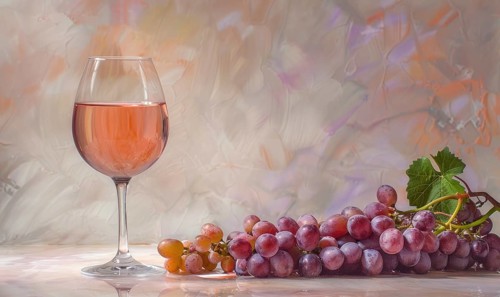 Grapes on a light pastel background with a glass of rose wine AI generated