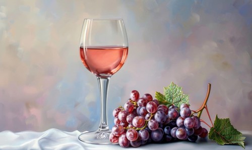 Grapes on a light pastel background with a glass of rose wine AI generated