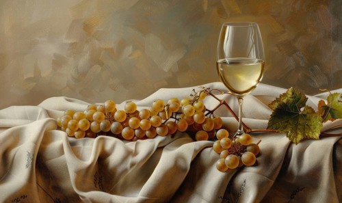 Grapes on a beige linen cloth with a glass of white wine AI generated