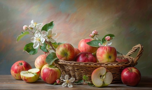 Close-up of assorted autumn apples in a woven basket AI generated
