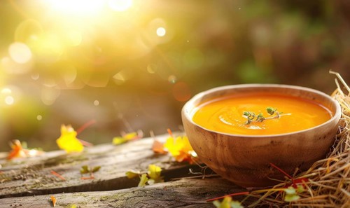 Carrot soup in a rustic bowl on a wooden table AI generated