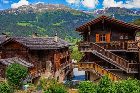 Old wooden houses with external staircases and balconies, historic village centre, Grimentz, Val