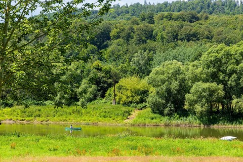 Canoeists on the river Weser near Bursfelde, Landscape, Hann.Münden, Lower Saxony, Germany, Europe