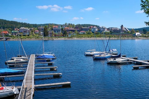 A marina at the Schluchsee with several boats in the water, in the background a town and green