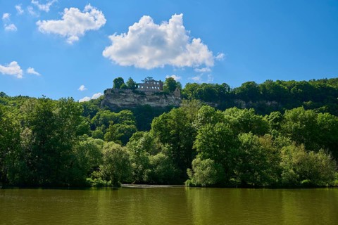 Ruin Karlburg on a hill above the river Main, surrounded by lush green trees under a blue sky with