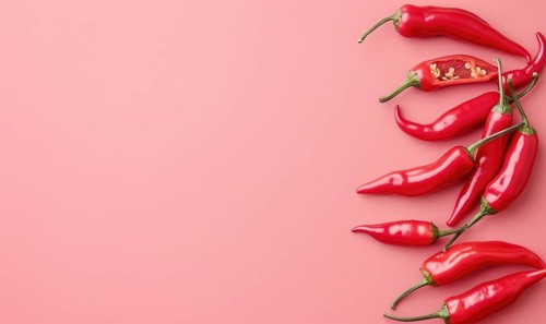 Top view of colorful peppers on a pink background AI generated