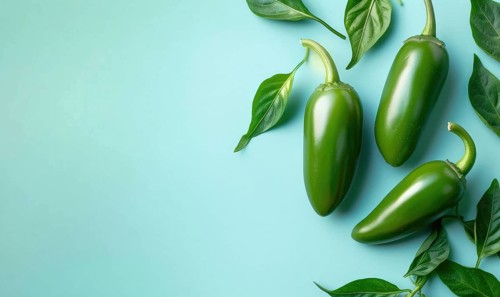 Top view of hot peppers scattered on a pastel blue background AI generated