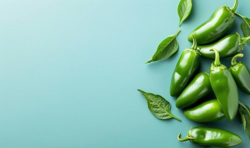 Top view of hot peppers scattered on a pastel blue background AI generated