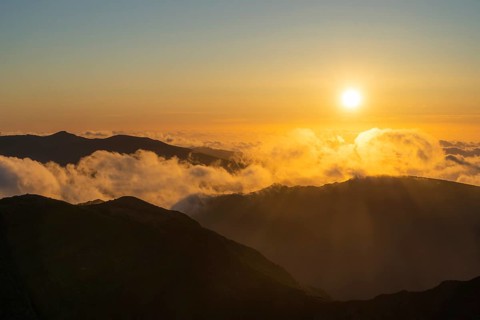 Pico Ruivo. Mountain Peaks at Sunset. Cloud Inversion. Golden Hour. Madeira, Portugal, Europe