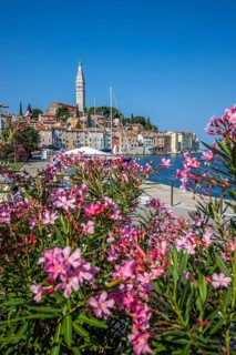 Old historic dreamy town on a beautiful island. Panorama of a romantic tourist town on a coast.