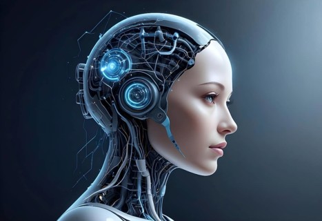 Side view of a human-like robot with exposed wires and circuits, AI generated
