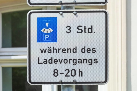 Traffic sign for car park and charging station for electric cars, Germany, Europe