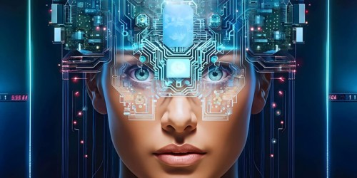 Illustration of a human brain merging with a woman's head intertwined with microchips and a