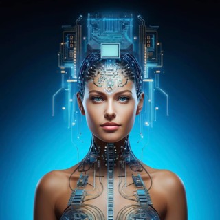 Illustration of a human brain merging with a woman's head intertwined with microchips and a