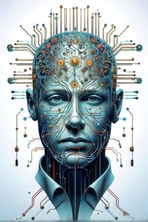 Illustration of a human brain merging with a man's head intertwined with microchips and a