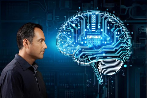 Illustration of a human brain merging with a man's head intertwined with microchips and a