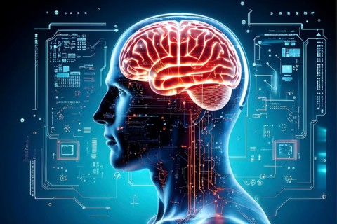 Illustration of a human brain merging with a man's head intertwined with microchips and a