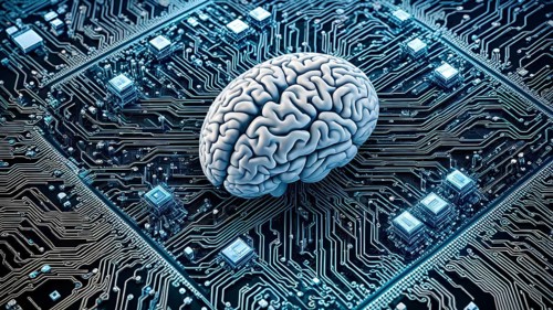 Illustration of a human brain intertwined with microchips and a processor, AI generated