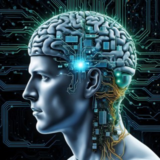Illustration of a human brain merging with a man's head intertwined with microchips and a