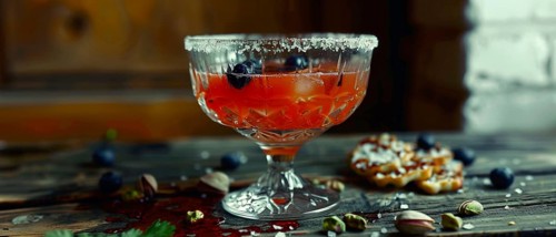 Salt-rimmed cocktail with blueberries and pistachios on a cozy, rustic wooden table, AI generated
