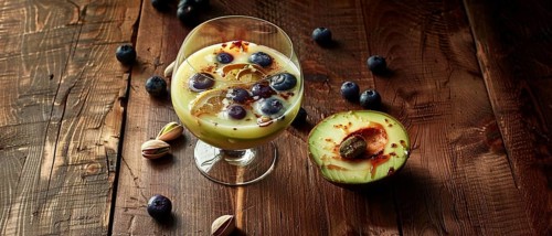 Exotic drink with avocado and blueberries on a rustic wooden background, AI generated
