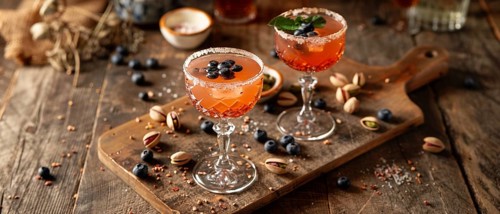 Inviting cocktail glasses with blueberries and pistachios on a rustic wood surface, AI generated