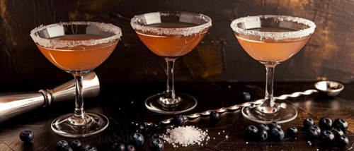 Three cocktails with sugar rims arranged on a dark surface with scattered blueberries, next to a
