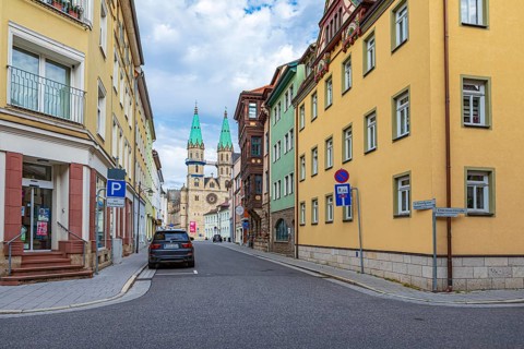 Schlundgasse with a view of the town church in Meiningen, Thuringia, Germany, Europe