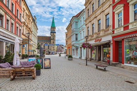 Georgstrasse with a view of the town church in Meiningen, Thuringia, Germany, Europe