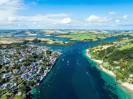 Salcombe and Mill Bay over Kingsbridge Estuary from a drone, Batson Creek, Southpool Creek, Devon,