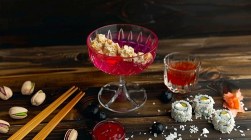 A vibrant pink drink and sushi rolls on a wooden table with pistachios and chopsticks, AI generated
