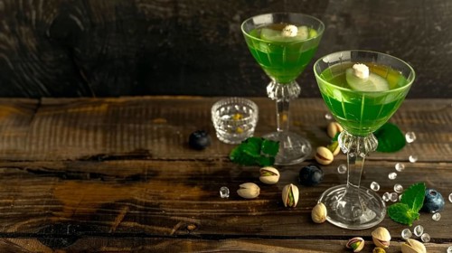 Two green cocktails garnished with mint leaves and pistachios on a wooden table, AI generated