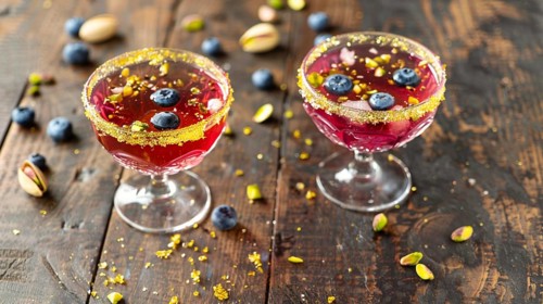 Two berry cocktails with sugar-rimmed glasses, pistachios, and blueberries on a wooden table, AI