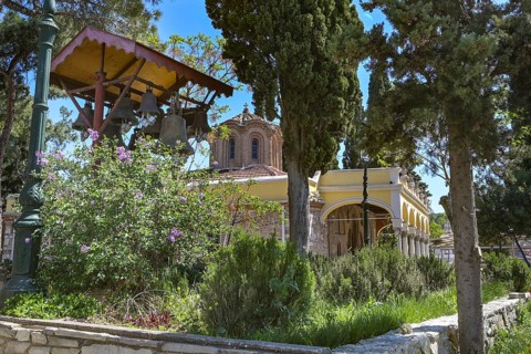 Vlatades Monastery, electrically operated bell system in the garden of the historic Byzantine