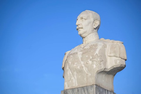 Marble statue of Admiral Nikolaos Votsis placed near the famous White Tower in Thessaloniki,