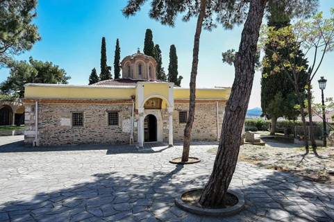 Vlatades Monastery, entrance of the historic Byzantine temple in the upper town of Thessaloniki,