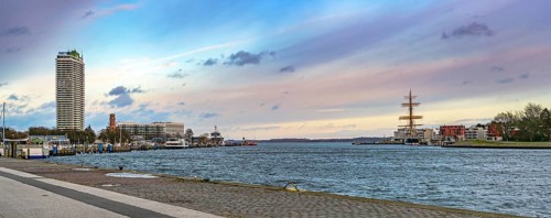Lubeck Travemunde, Germany, January 15, 2023: Panorama with exciting sky, opening of the river