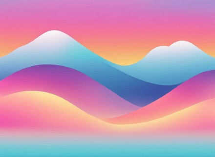 Pastel gradient abstract art depicting smooth, layered mountains in soft pink and blue tones,