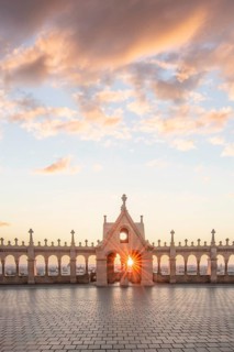 Old historic fortress and church at sunrise. City panorama at dusk. View of the Danube Fishermen's