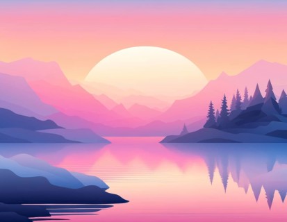 Sunset over a lake reflecting mountains and a forest in hues of pink, purple, and blue, AI