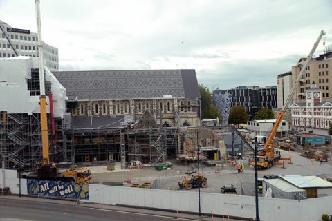 CHRISTCHURCH, NEW ZEALAND, FEBRUARY 24, 2022: A team of tradesmen work on the Anglican Cathedral