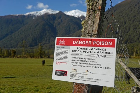 GREYMOUTH, NEW ZEALAND, SEPTEMBER 25, 2019: Signage warns people that Potassium Cyanide has been