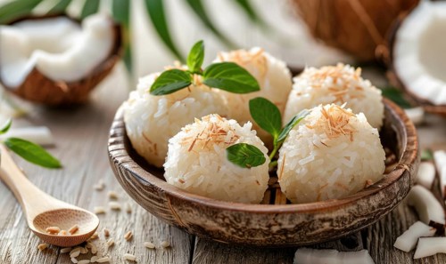 Thai coconut rice dumplings on a light wooden background AI generated