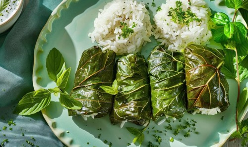 Stuffed grape leaves with rice and herbs on a pastel green plate AI generated