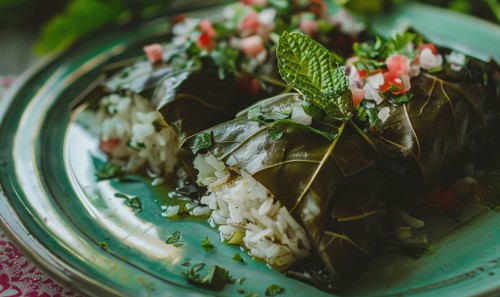 Stuffed grape leaves with rice and herbs on a pastel green plate AI generated