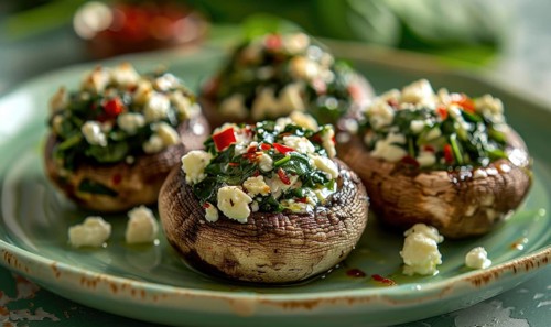 Spinach and feta stuffed mushrooms on a pastel green plate AI generated
