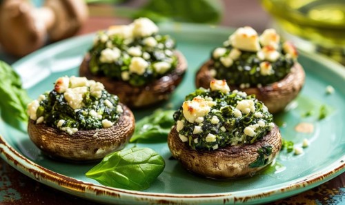 Spinach and feta stuffed mushrooms on a pastel green plate AI generated